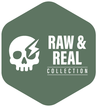 Hexagonal logo with a skull and lightning bolt design on a green background, featuring the text 'Raw & Real Collection'.